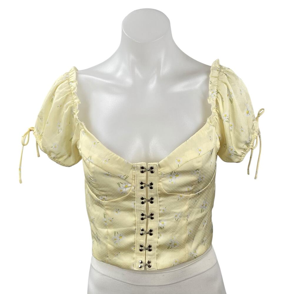 Princess Polly Yellow Short Puff Sleeve Floral Corset Bustier Crop Top Size 8